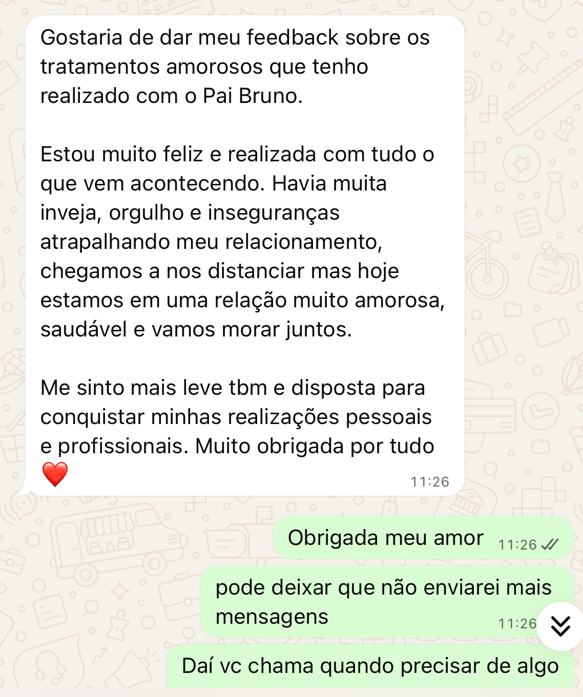 Print de mensagem de agradecimento sobre tratamento amoroso